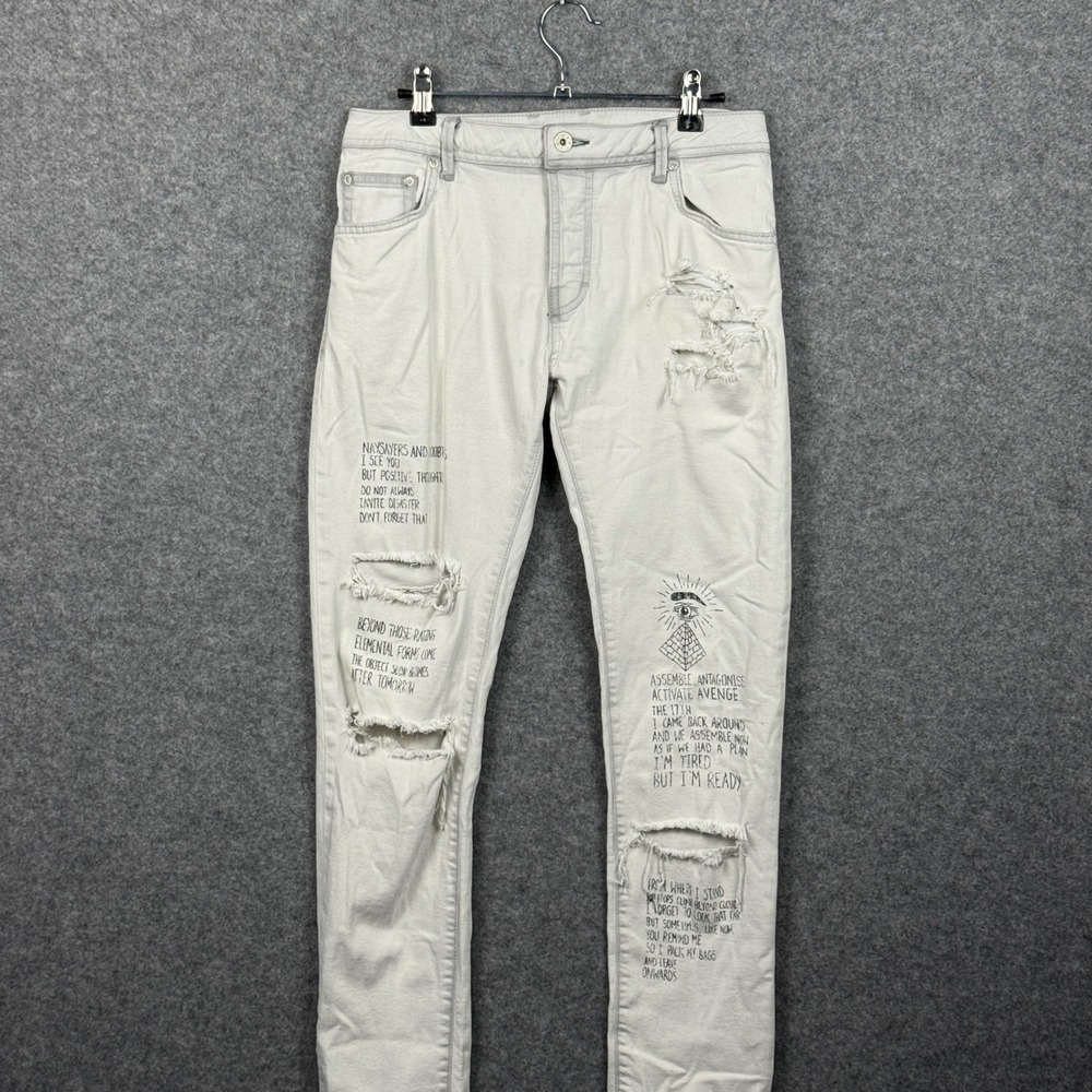 Topman‎ Light Wash Distressed Graphic Print Jeans W30 L30